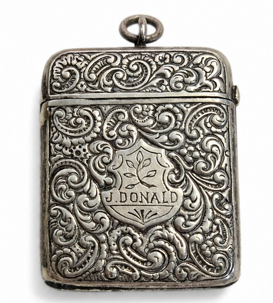 Antique Silver Plated Vesta Case Engraved Scroll Monogram Match Safe Pocket Stri
