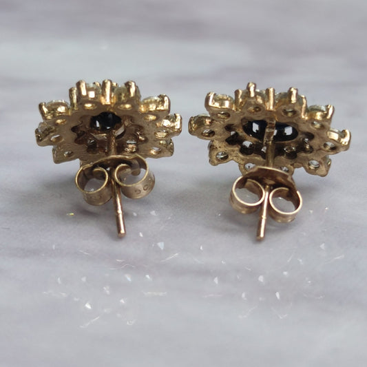 9ct Yellow Gold Stud Earrings Sapphire Stones Full Hallmarked Size 12mm x 13mm