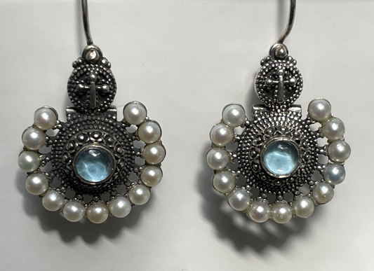 Gerochristo 925 Sterling Silver Aquamarine Pearl Drop Earrings Greek Byzantine 9