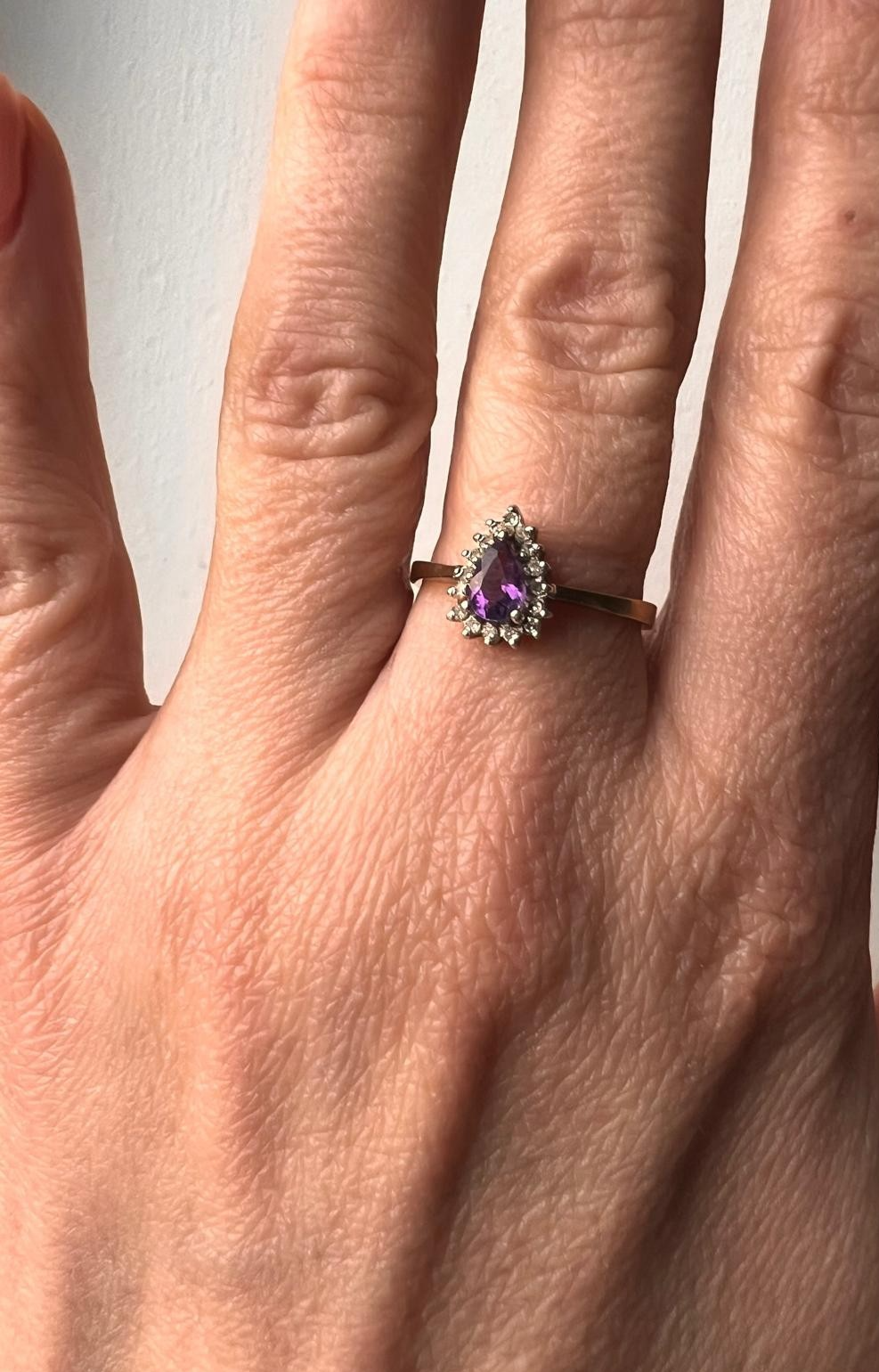 9ct Gold Amethyst Diamond Ring Size O Hallmark 375 Pear Teardrop Cluster