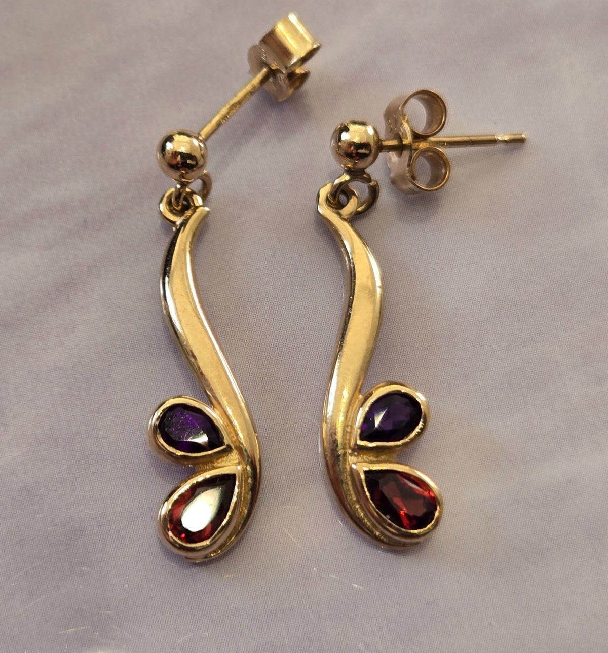 9ct Yellow Gold Amethyst Garnet Drop Earrings Floral Hallmarked 375 Jan Feb Gift