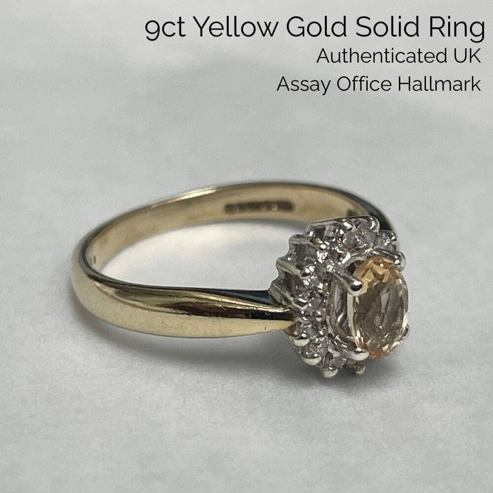 9ct Gold Ring Citrine and Diamonds Hallmarked Size L 1/2
