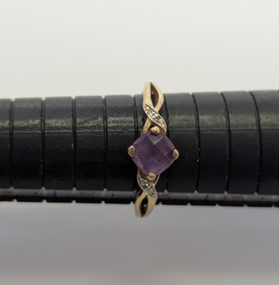 9ct Gold Ring Amethyst Diamond Hallmark Size P 1.9g