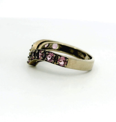 9ct White Gold Pink CZ Wishbone Ring Size N Hallmarked 375 V Shape Eternity 3g
