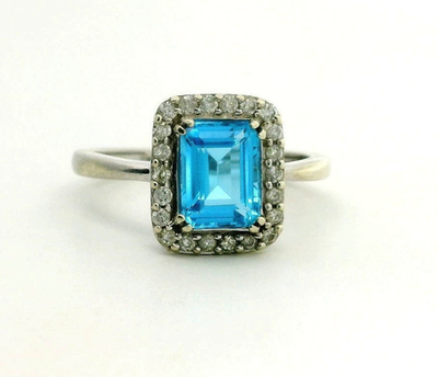9ct White Gold Ring Topaz Diamond Size O Hallmarked 375 Halo Cluster 3g