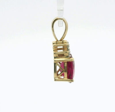 14ct Yellow Gold Necklace Pendant Rubellite and Diamond Stones Size 24mm x 8mm