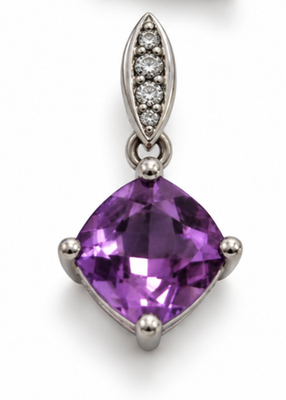9ct White Gold Necklace Pendant Amethyst Diamond Stones UK Hallmarked 1g