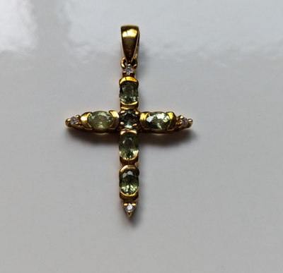 9ct Yellow Gold Cross Pendant Sapphire Diamond 10x Stones Hallmark 2.1g