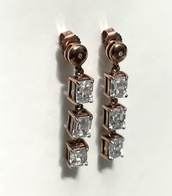 Vintage 9ct Rose Gold White Topaz Diamond Dangle Drop Earrings 29mm Hallmarked