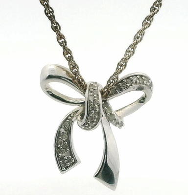 Silver Necklace Diamond Accented Bow Pendant 925 Stamped 44cm Long 3.1g