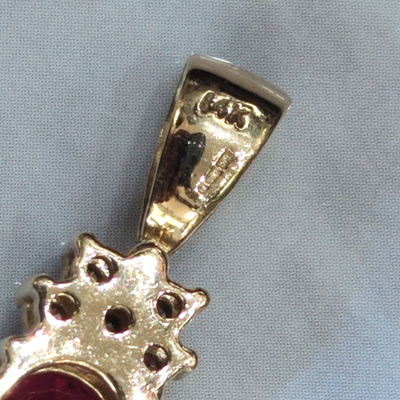 14ct Yellow Gold Necklace Pendant Rubellite and Diamond Stones Size 24mm x 8mm
