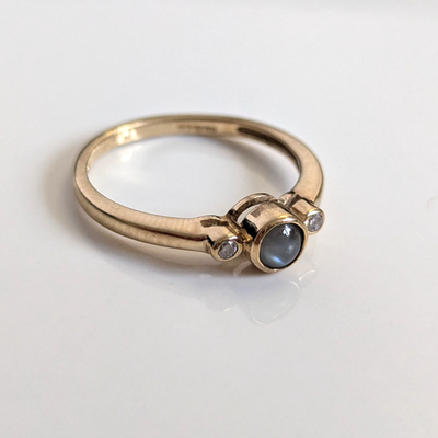 9ct Gold Ring Tiger eye and Diamond Solid Band Hallmark Size N 1/2