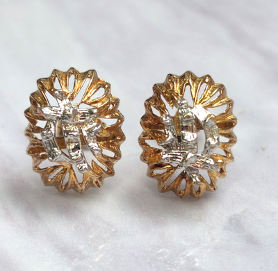 9ct Yellow White Gold Stud Earrings Two Tone Raised Textured Pattern Butterfly