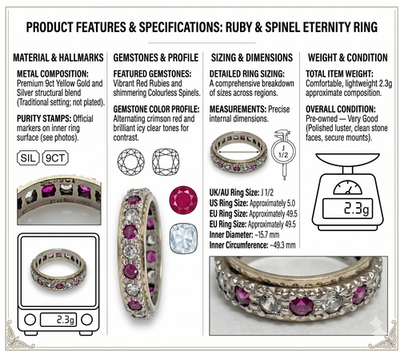 9ct Gold Silver Ruby Spinel Eternity Ring Size J 1/2 Hallmarked 375 Band 2.3g