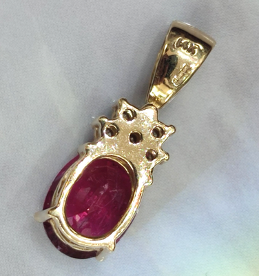 14ct Yellow Gold Necklace Pendant Rubellite and Diamond Stones Size 24mm x 8mm