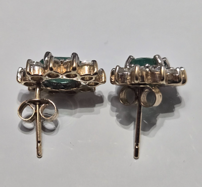 9ct Gold Stud Earrings Emerald Stones Halo Setting 11mm x 9mm 2g