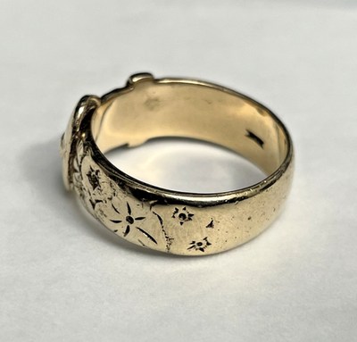 Mens 9ct Gold Ring Belt Buckle Floral Design Engraved Hallmark Size V
