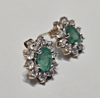 9ct Gold Stud Earrings Emerald Stones Halo Setting 11mm x 9mm 2g