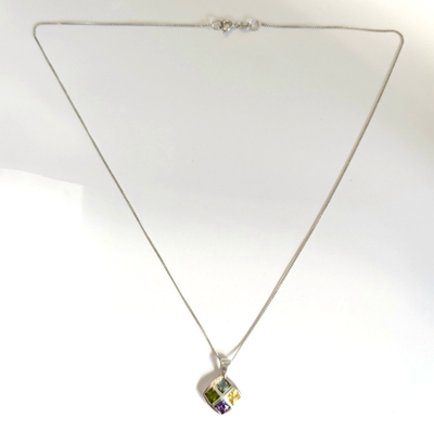Silver Necklace Multi Coloured Crystals 925 Stamped Chain 40cm Long 2.8g