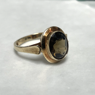 9ct Gold Ring Smokey Quartz 1975 Solid Band Hallmark Size P Vintage