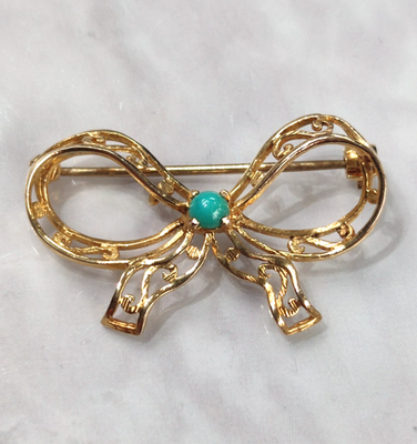 9ct Yellow Gold Bow Brooch Turquoise Stone Gold Stamped Hallmarked