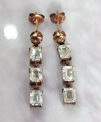Vintage 9ct Rose Gold White Topaz Diamond Dangle Drop Earrings 29mm Hallmarked