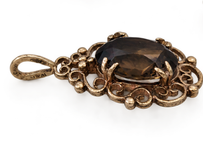 9ct Yellow Gold Pendant Smoky Quartz Ornate Filigree Scrollwork Border 2.3g