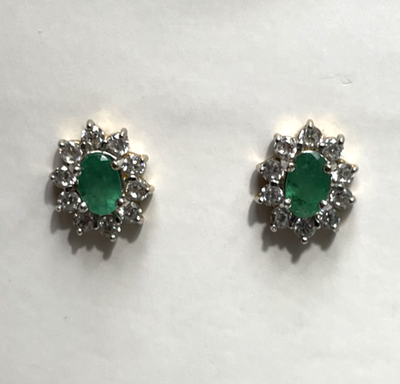 9ct Gold Stud Earrings Emerald Stones Halo Setting 11mm x 9mm 2g
