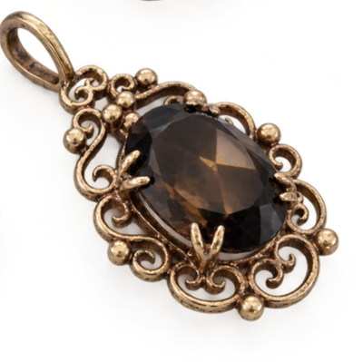 9ct Yellow Gold Pendant Smoky Quartz Ornate Filigree Scrollwork Border 2.3g