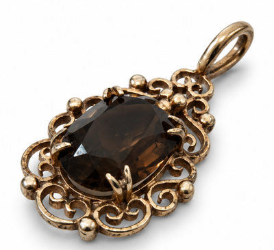 9ct Yellow Gold Pendant Smoky Quartz Ornate Filigree Scrollwork Border 2.3g