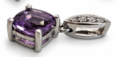 9ct White Gold Necklace Pendant Amethyst Diamond Stones UK Hallmarked 1g