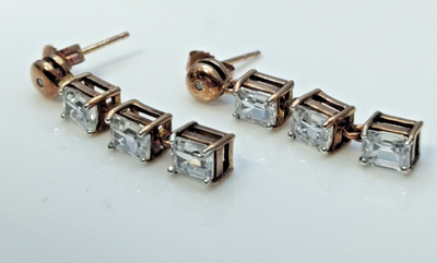 Vintage 9ct Rose Gold White Topaz Diamond Dangle Drop Earrings 29mm Hallmarked