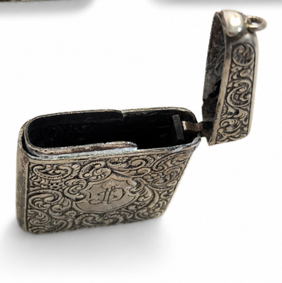 Antique Silver Plated Vesta Case Engraved Scroll Monogram Match Safe Pocket Stri