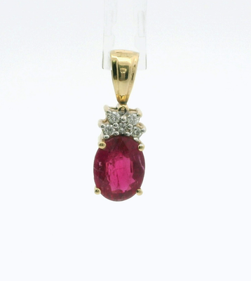 14ct Yellow Gold Necklace Pendant Rubellite and Diamond Stones Size 24mm x 8mm