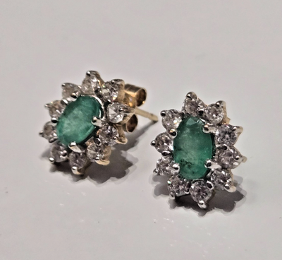 9ct Gold Stud Earrings Emerald Stones Halo Setting 11mm x 9mm 2g