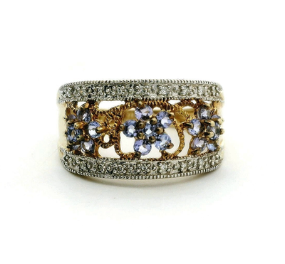 9ct Gold Filigree Ring Tanzanite Diamond Stones Size Q Metal Hallmarked 3.3g