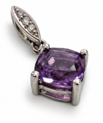 9ct White Gold Necklace Pendant Amethyst Diamond Stones UK Hallmarked 1g
