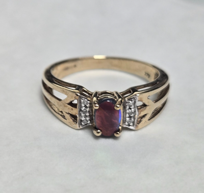 9ct Gold Ring Ammolite & Accented Diamond Iridescent Hallmark Size N 1/2