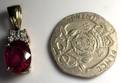 14ct Yellow Gold Necklace Pendant Rubellite and Diamond Stones Size 24mm x 8mm