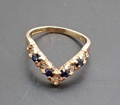 9ct Gold Wishbone Ring Sapphire and Diamonds Hallmark Size N