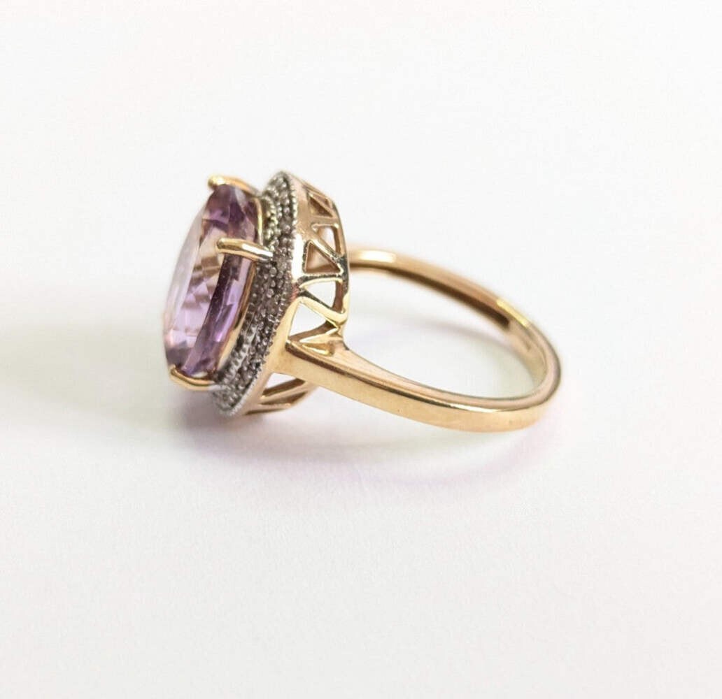 9ct Gold Ring Amethyst and Diamond Oval Cut Size K Hallmarked 4g