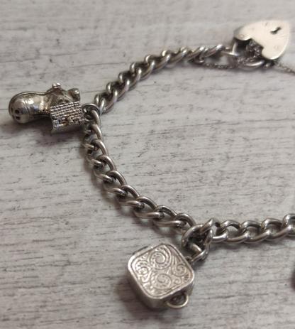 925 Sterling Silver Charm Bracelet 5 Charms 19cm Stamped Heart Padlock Cable