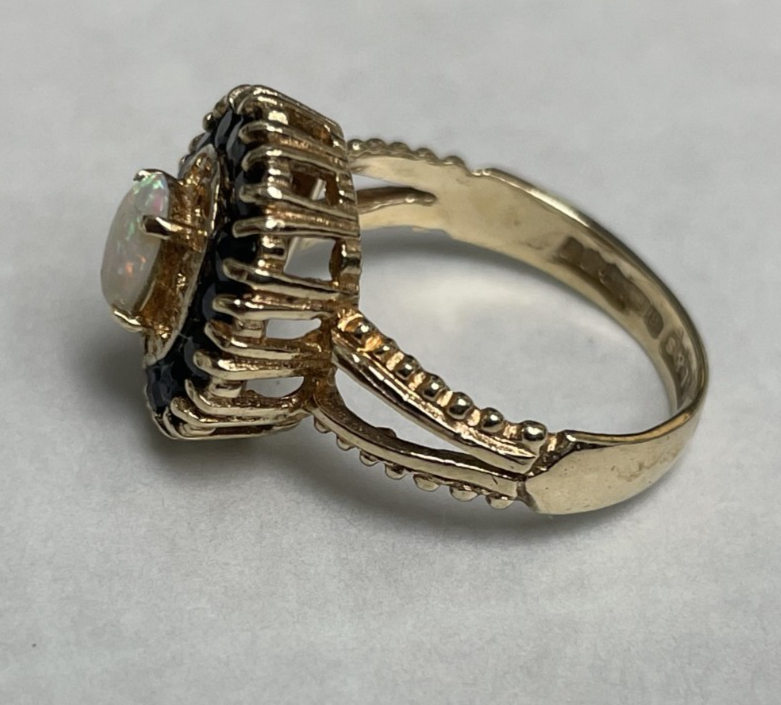 9ct Gold Ring Opal and Sapphire Solid Band Hallmark Size K