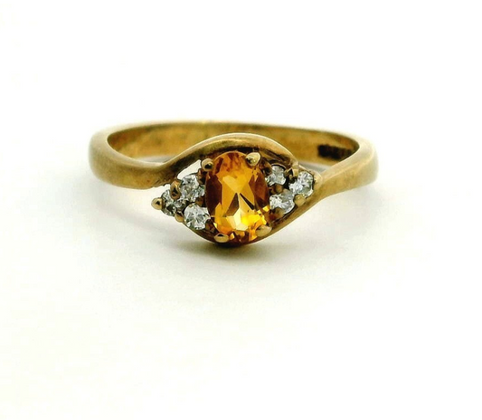 9ct Gold Ring Citrine Cubic Zirconia Stones Size P Hallmark Crossover Band 2.7g
