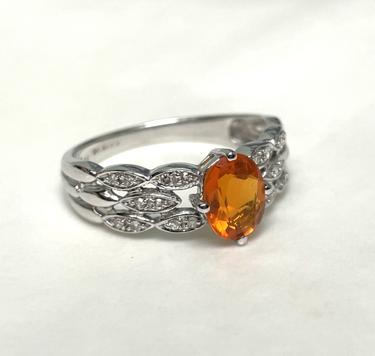9ct White Gold Ring Opal and Diamond Solid Band Hallmark Size S