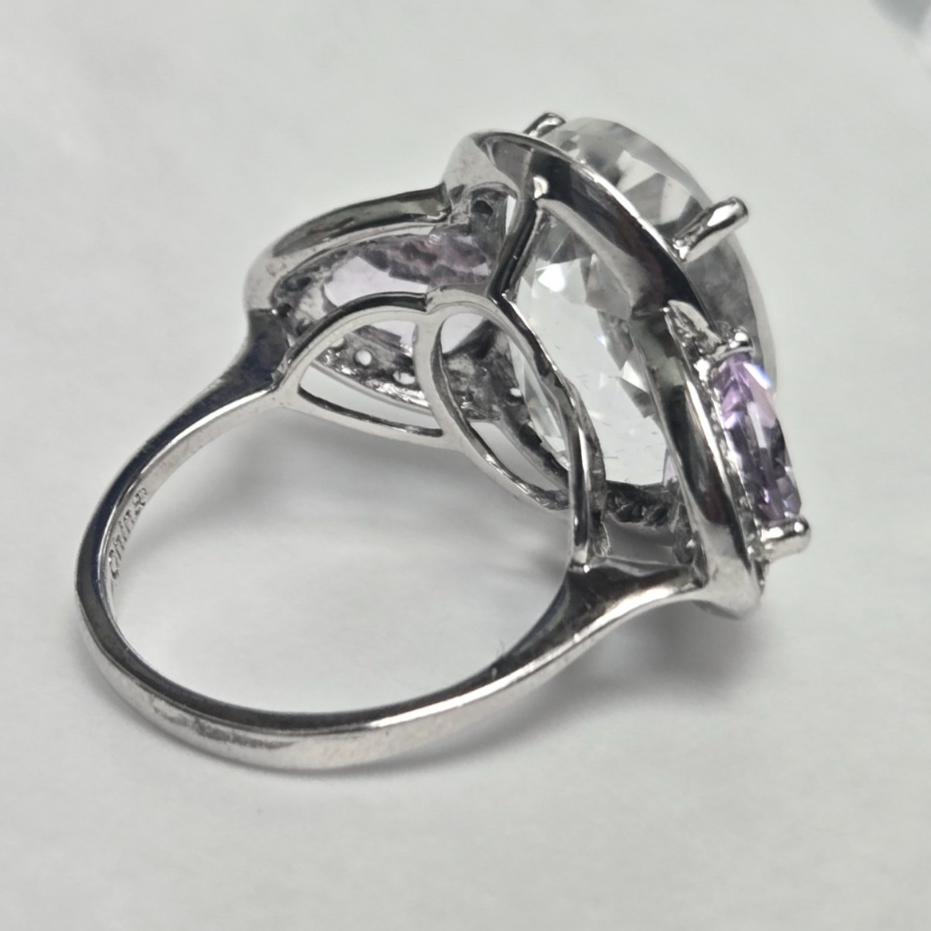 Sterling Silver Quartz Diamond Ring Size Q Stamped 925 Cocktail Statement 7.9g