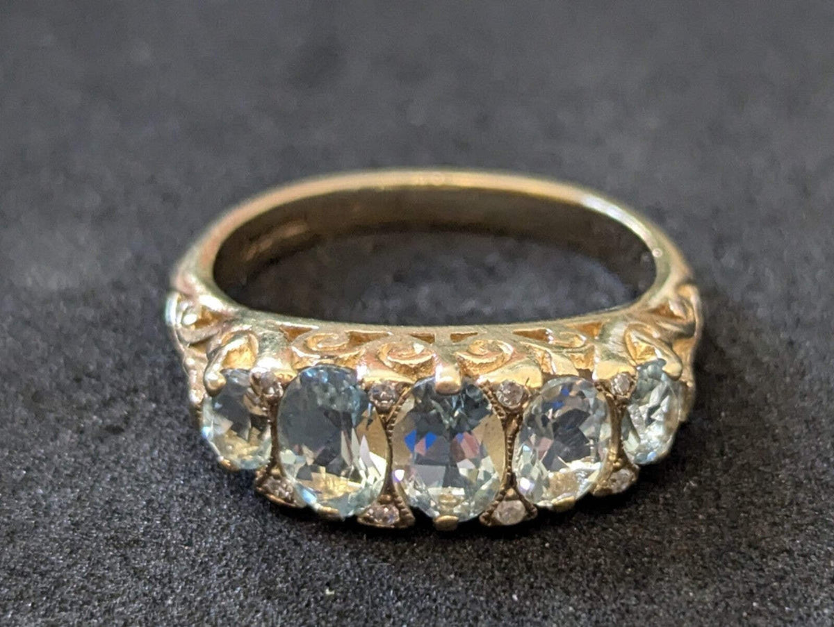 9ct Gold Ring Aquamarine and Diamond Sheffield Hallmark Size K 1/2