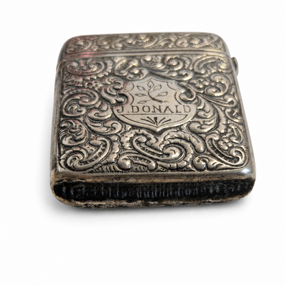 Antique Silver Plated Vesta Case Engraved Scroll Monogram Match Safe Pocket Stri