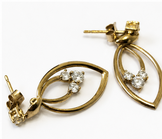 Antique Style 9ct Yellow Gold CZ Drop Earrings Dangle Hallmarked 375 Butterfly