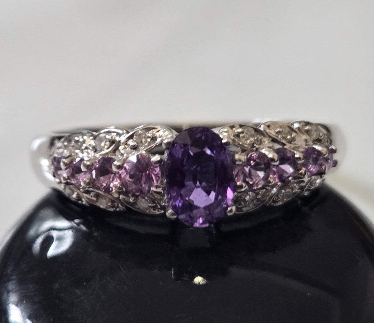9ct White Gold Ring Amethyst and Diamond Solid Band Hallmark Size S